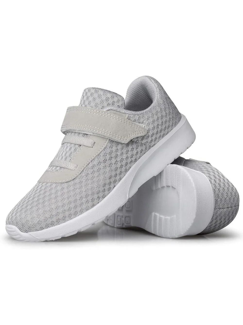 Kids Grey White Mesh Shoes Toddler Boys Girls Running Sports Strap Sneakers
